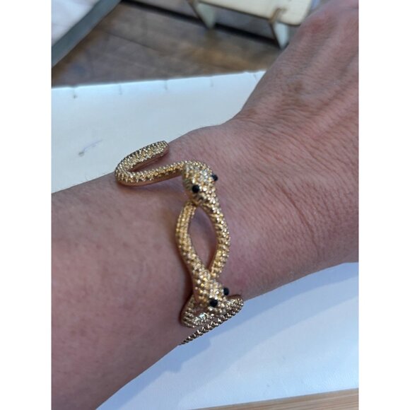 Gold Tone Snake Bangle Bracelet With Black Accents - Hinged Cuff Design - Picture 7 of 9